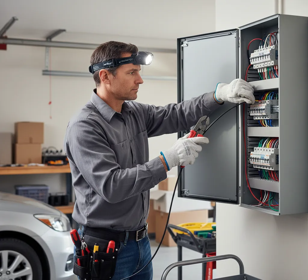 Electrician repairing a breaker panel