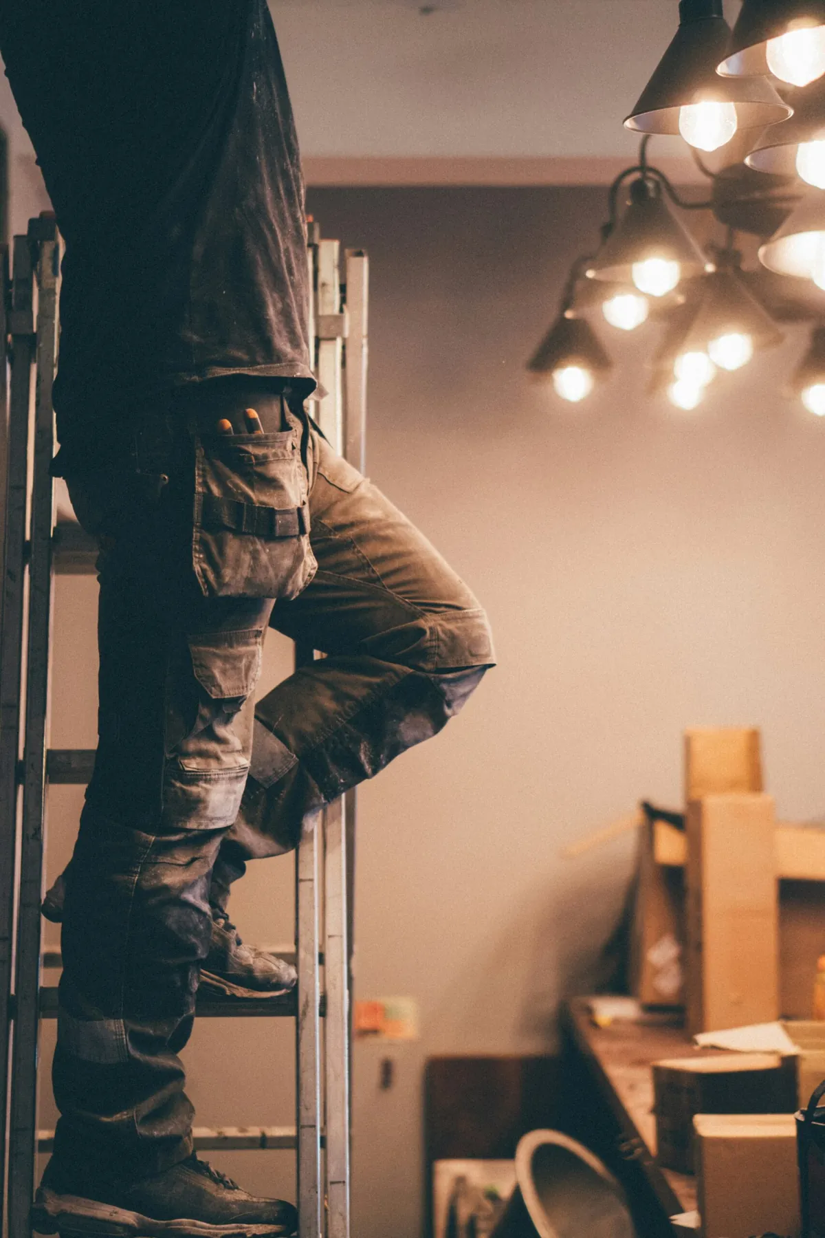 Electrician working on a ceiling light fixture