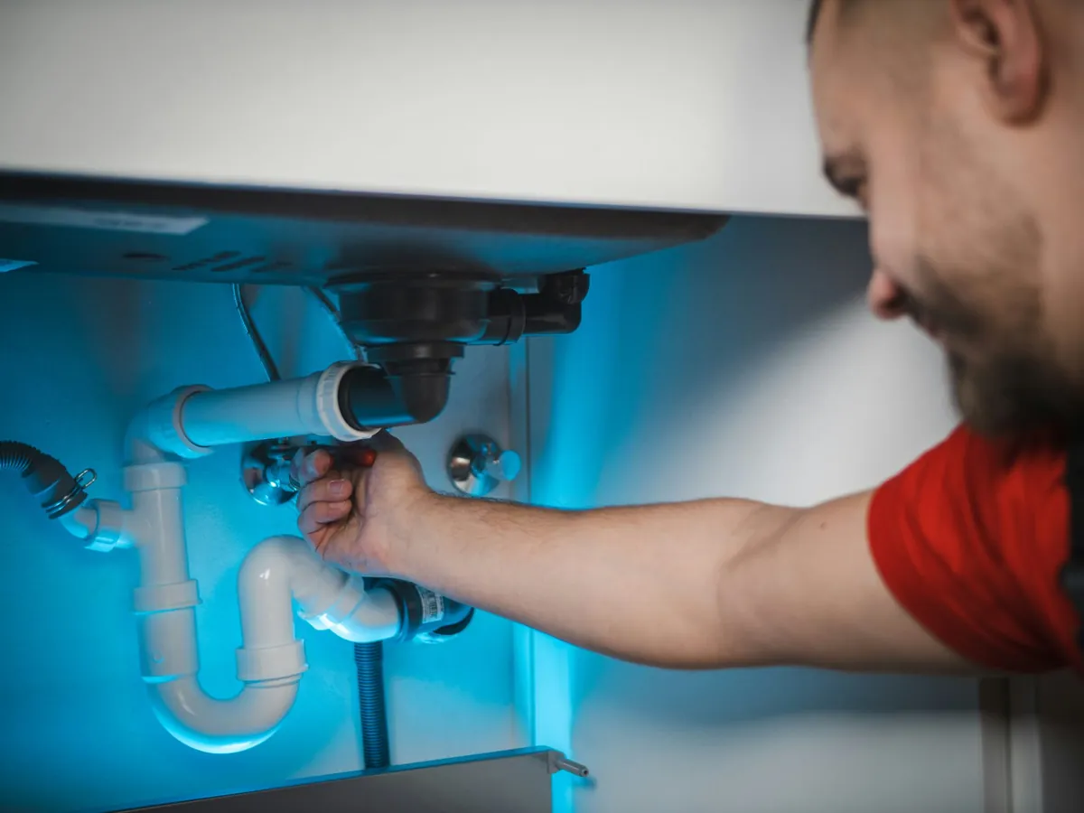 Plumber fixing pipes under a sink